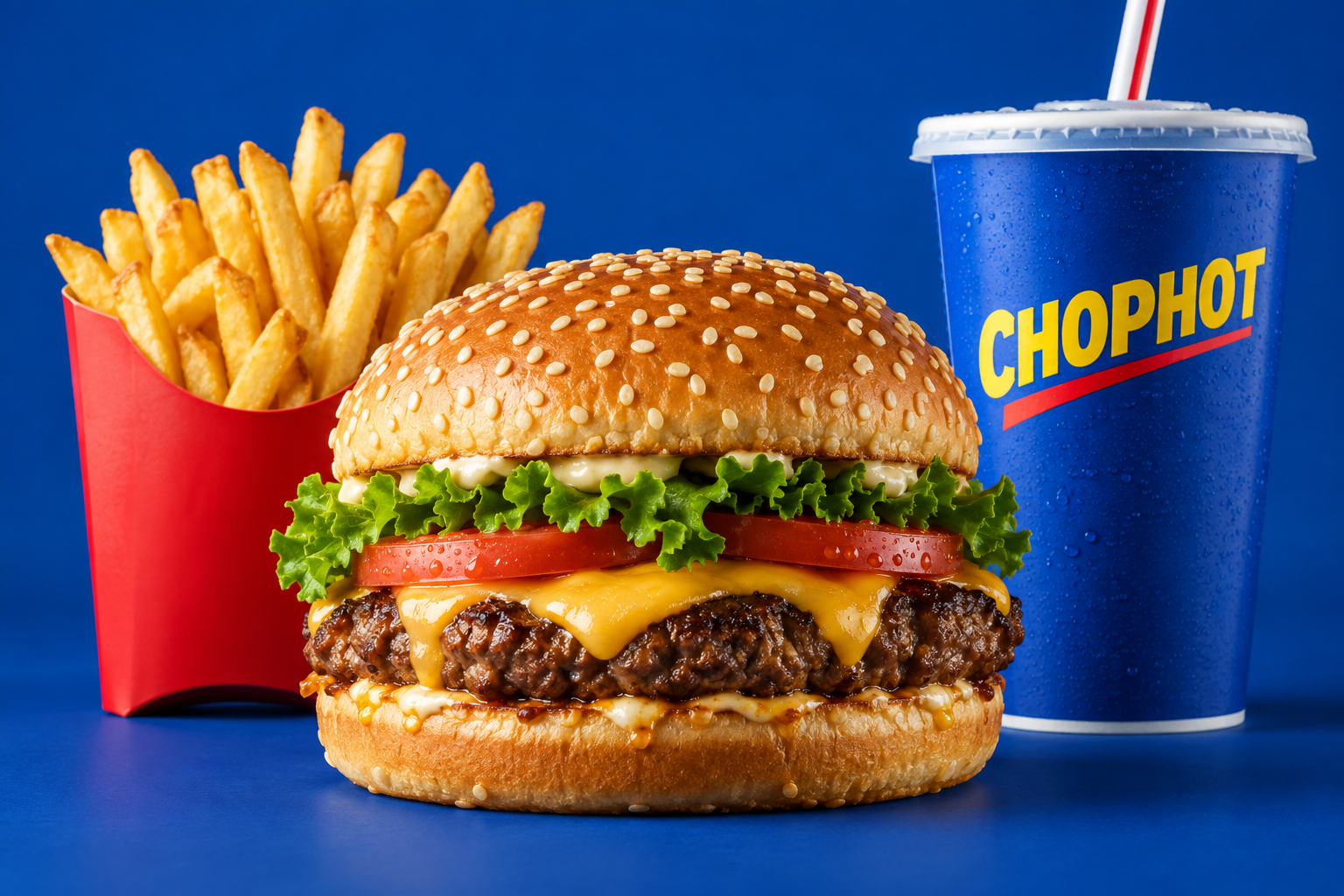 Cheeseburger, golden fries and a cold CHOPHOT drink